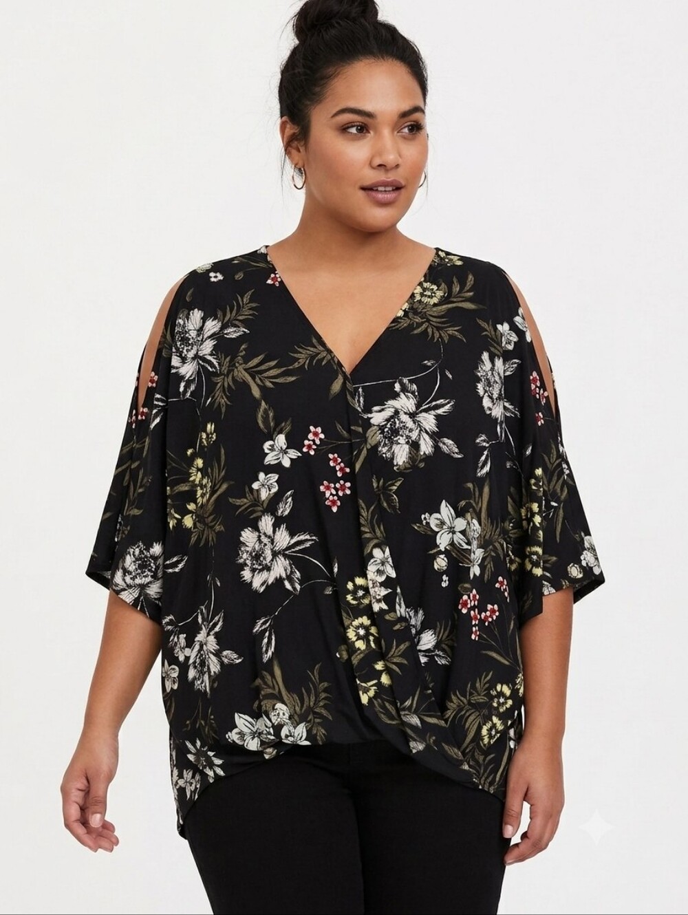 Lily Morgan Floral Cold-Shoulder Wrap Front Bat Wing Crop Top Size XL NWOT